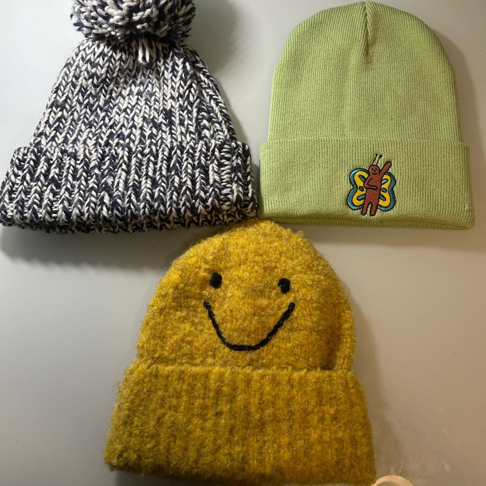 Smiley Yellow Fuzzy Knit Beanie - Women Accessories Hat